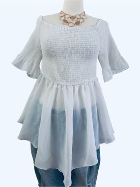 GIRL SOUL -Off-Shoulder White Smocked Peplum Tunic
